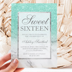 Turquoise glitter marble elegant chic Sweet 16 Invitation