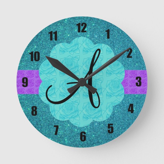 Turquoise glitter monogram round clock (Front)