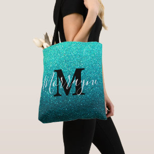 Turquoise Glitter Ombre Sparkles Metallic Monogram Tote Bag