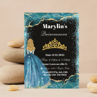 Turquoise Glitter Princess Quinceañera Ballgown  Invitation
