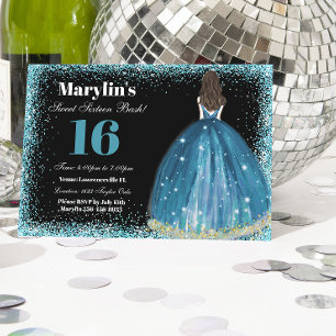 Turquoise Glitter Princess Sweet 16 Ballgown Invitation