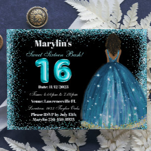 Turquoise Glitter Princess Sweet 16 Foil Balloon Invitation