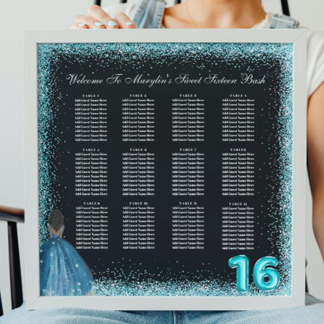 Turquoise Glitter Princess Sweet 16 Seating Chart Photo Print (Creator Uploaded)
