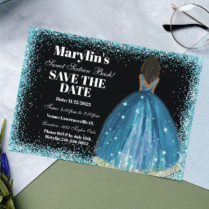 Turquoise Glitter Princess Sweet Sixteen Bash Save The Date