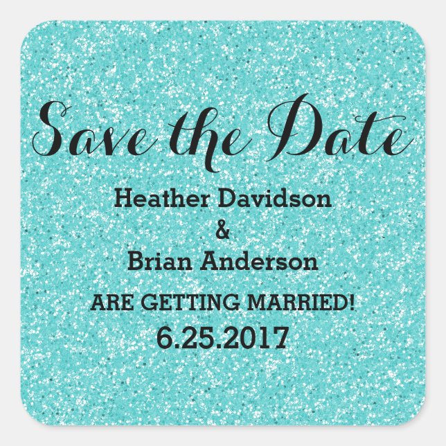 Turquoise Glitter Save the Date Stickers (Front)