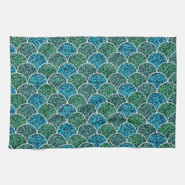 Turquoise Glitter Scales Pattern Tea Towel (Horizontal)