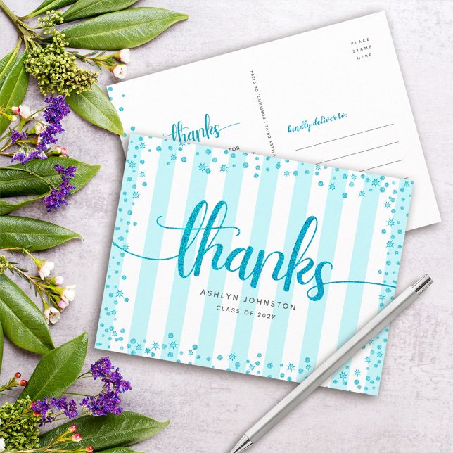 Turquoise glitter script chic graduation thank you postcard (Creator Uploaded)