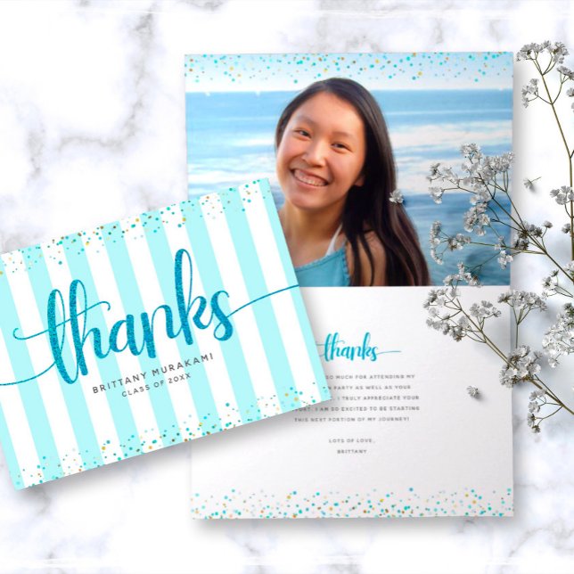 Turquoise glitter script modern graduation photo thank you card (Creator Uploaded)