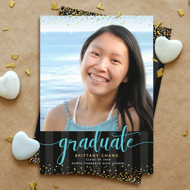 Turquoise glitter script photo graduation on black announcement (Creator Uploaded)