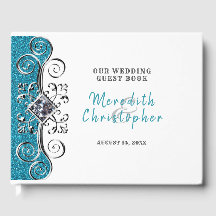 Turquoise Glitter Silver Bling Wedding Guest Book