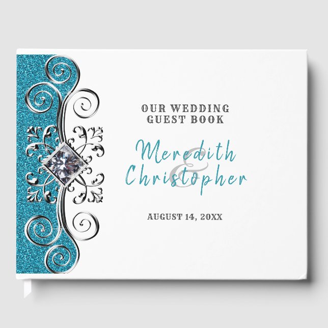 Turquoise Glitter Silver Bling Wedding Guest Book (Front)