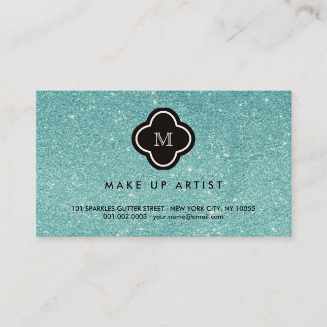 Turquoise Glitter Sparkles Quatrefoil Profile Card (Front)