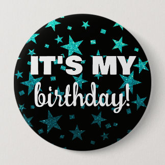 Turquoise Glitter Stars Confetti It's My Birthday 10 Cm Round Badge