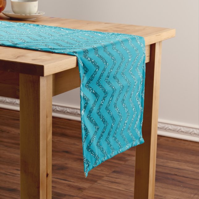 Turquoise Glitter Stripes Christmas Short Table Runner (In Situ)