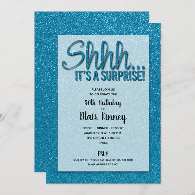 Turquoise Glitter SURPRISE Birthday Invitations (Front/Back)