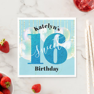 Turquoise Glitter Sweet 16 Birthday Balloon Script Napkin