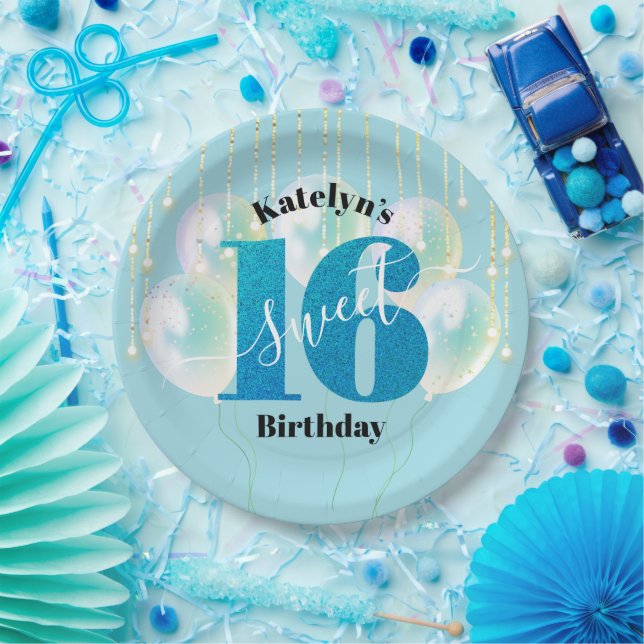 Turquoise Glitter Sweet 16 Birthday Balloon Script Paper Plate (Party)