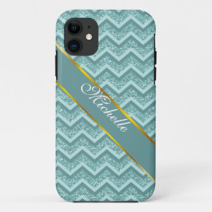 Turquoise Glitter ZigZag Pattern iPhone 11 Case
