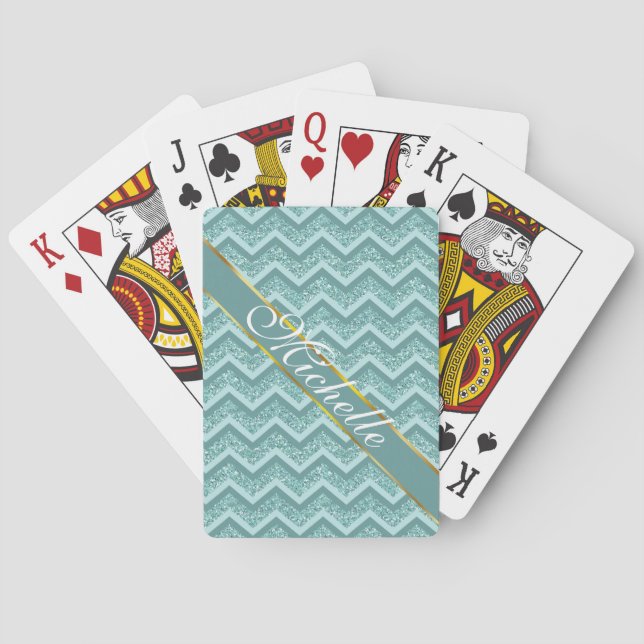 Turquoise Glitter ZigZag Pattern Playing Cards (Back)