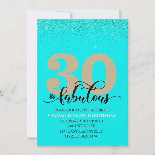 Turquoise Gold 30 and Fabulous Birthday Party  Invitation (Front)