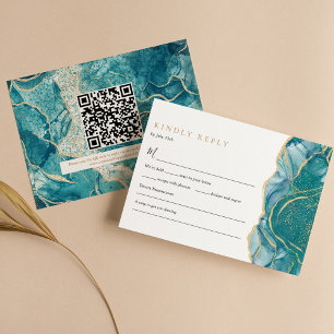 Turquoise Gold Agate Modern Wedding QR Code RSVP Card