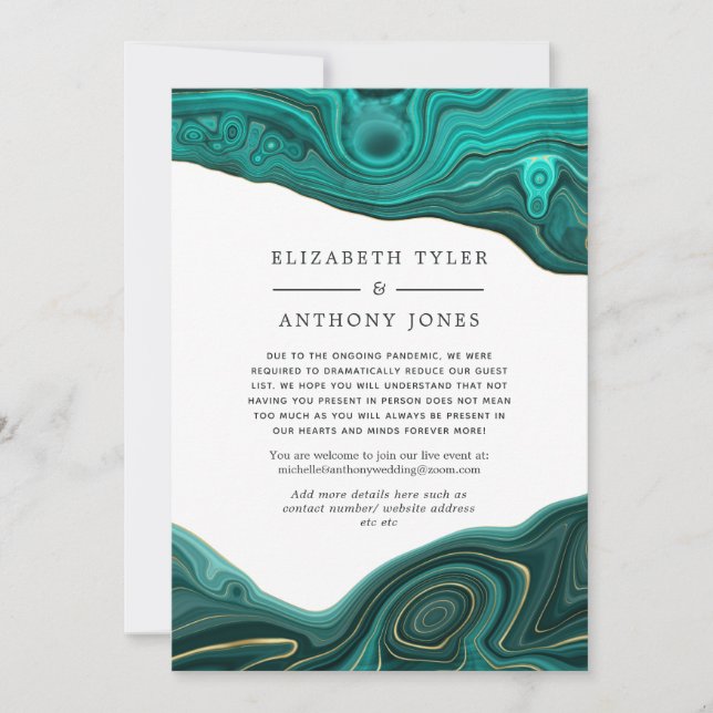 Turquoise & Gold Agate Reduced Wedding Guest List Announcement (Front)
