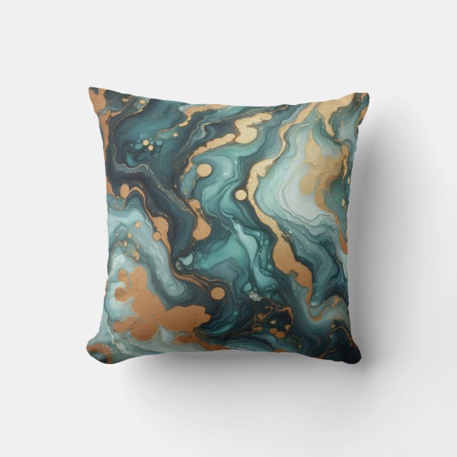 Turquoise + Gold Alcohol Ink Marble Throw Pillow (Front)