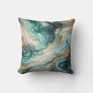 Turquoise + Gold Alcohol Ink Marble Throw Pillow