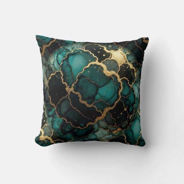 Turquoise + Gold Alcohol Ink Marble Throw Pillow (Front)