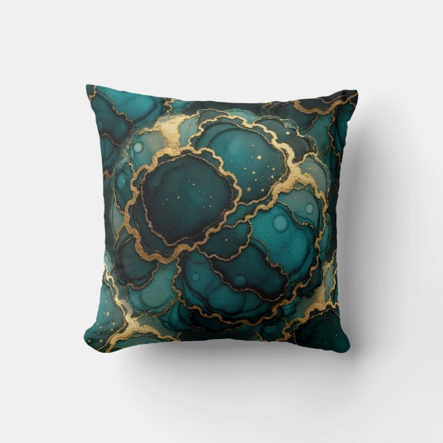 Turquoise + Gold Alcohol Ink Marble Throw Pillow (Front)