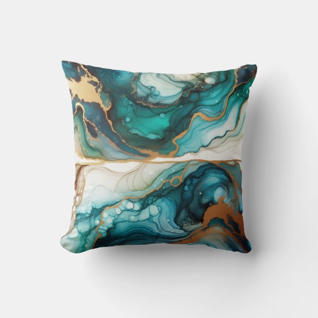 Turquoise + Gold Alcohol Ink Marble Throw Pillow (Front)