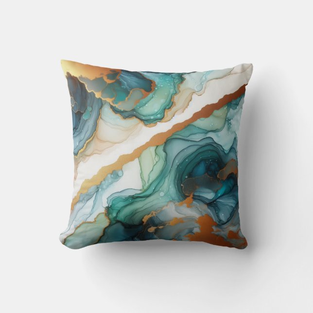 Turquoise + Gold Alcohol Ink Marble Throw Pillow (Front)
