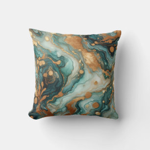 Turquoise + Gold Alcohol Ink Marble Throw Pillow