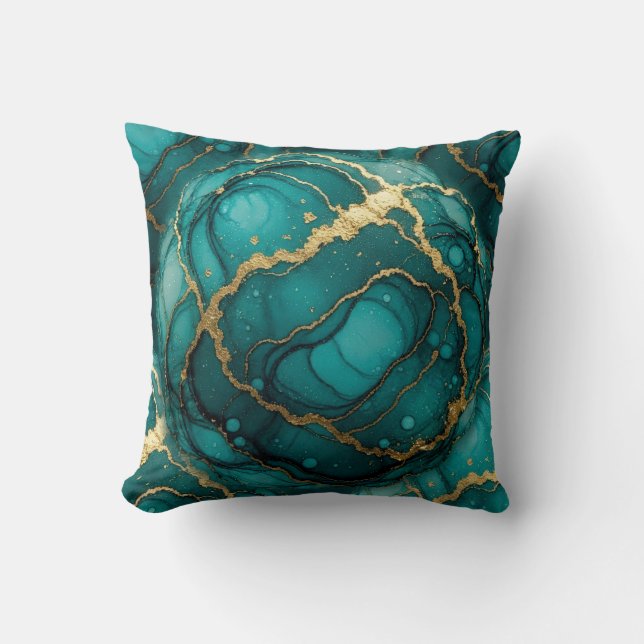 Turquoise + Gold Alcohol Ink Marble Throw Pillow (Front)