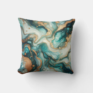 Turquoise + Gold Alcohol Ink Marble Throw Pillow