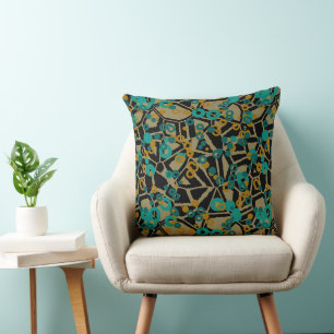 Turquoise gold and black geometric abstract cushion