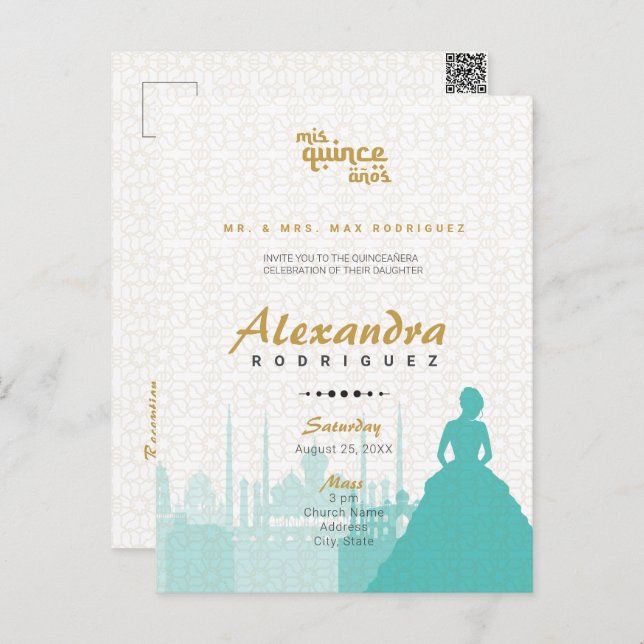 Turquoise & Gold Arabian Quinceañera Photo Postcar Postcard (Front/Back)