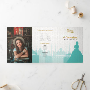 Turquoise & Gold Arabian Quinceañera Photo Tri-Fold Invitation