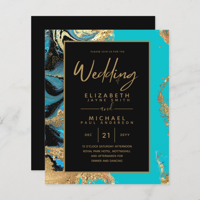 Turquoise Gold Black Agate Budget Wedding Invites (Front/Back)