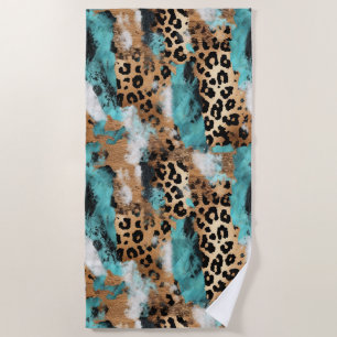 Turquoise Gold Black Leopard Beach Towel