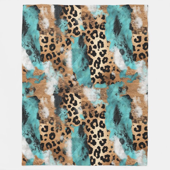 Turquoise Gold Black Leopard Fleece Blanket (Front)