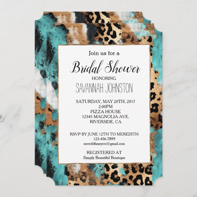 Turquoise Gold Black Leopard Invitation (Front/Back)