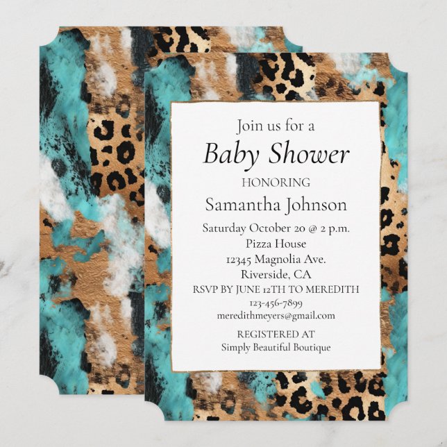 Turquoise Gold Black Leopard Invitation (Front/Back)