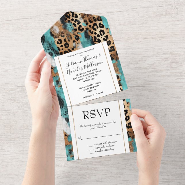 Turquoise Gold Black Leopard Wedding All In One Invitation (Tearaway)