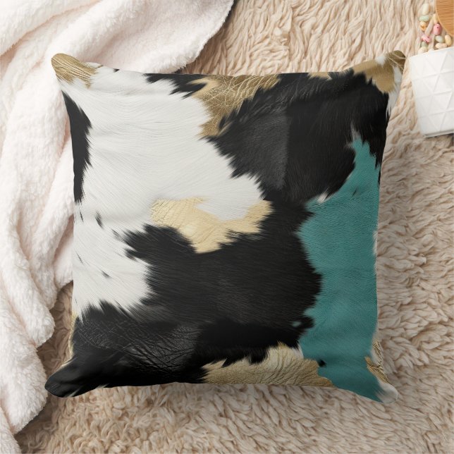 Turquoise Gold, Black White Cowhide Cushion (Blanket)