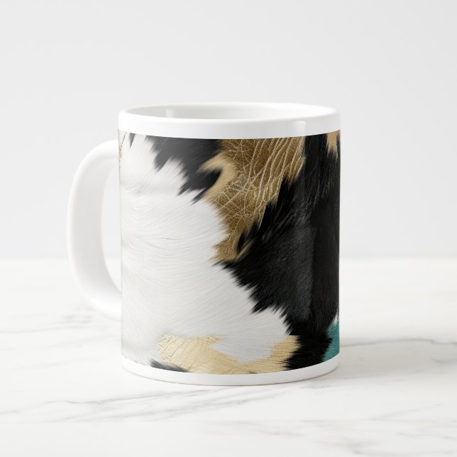 Turquoise Gold, Black White Cowhide Large Coffee Mug (Front Left)