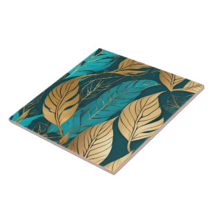 Turquoise Gold Boho Leaves Modern Collection Ceramic Tile