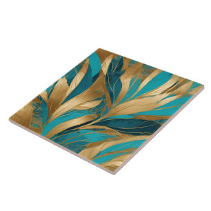 Turquoise Gold Boho Leaves Popular Collection Ceramic Tile