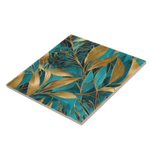 Turquoise Gold Boho Leaves Trendy Collection Ceramic Tile