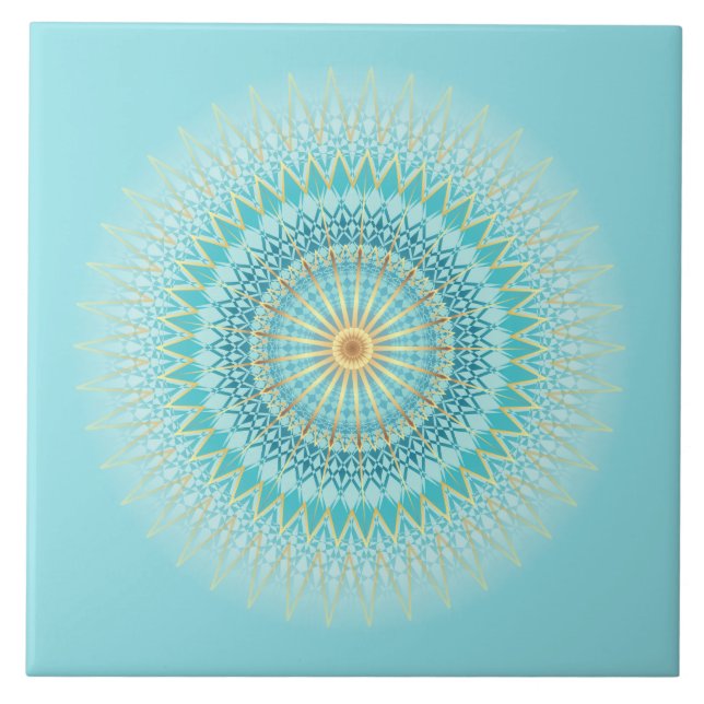 Turquoise Gold Boho Mandala Ceramic Tile (Front)